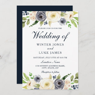 Navy & White Champagne Watercolor Floral Wedding Invitation