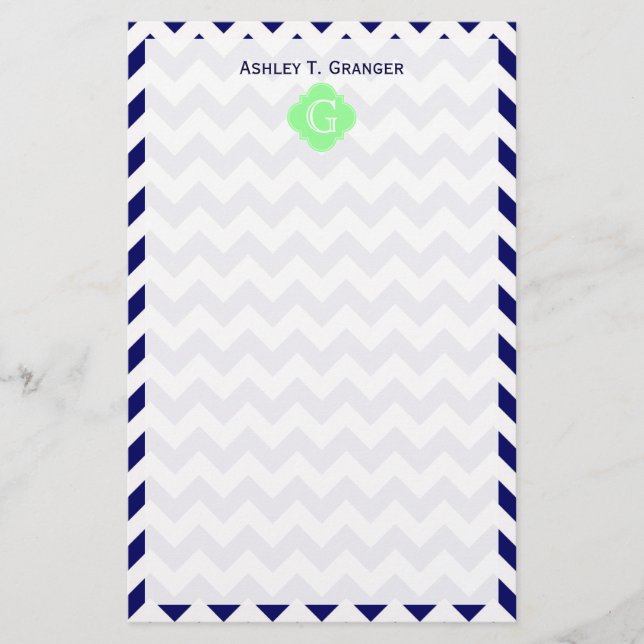 Navy White Chevron Mint Green Quatrefoil Monogram Stationery (Front)