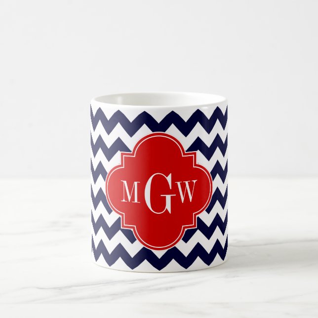 Navy White Chevron Red Quatrefoil 3 Monogram Coffee Mug (Center)