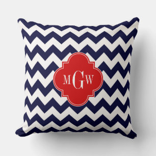 Navy White Chevron Red Quatrefoil 3 Monogram Cushion