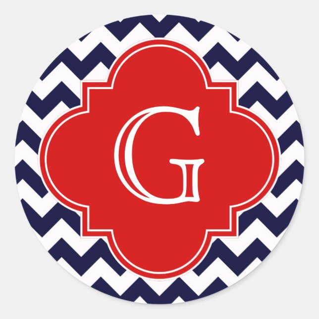 Navy White Chevron Red Quatrefoil Monogram Classic Round Sticker (Front)