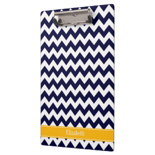 Navy White Chevron ZigZag Goldenrod Name Monogram Clipboard
