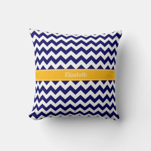 Navy White Chevron ZigZag Goldenrod Name Monogram Cushion