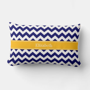 Navy White Chevron ZigZag Goldenrod Name Monogram Lumbar Cushion