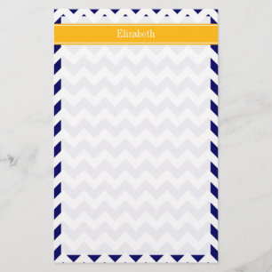Navy White Chevron ZigZag Goldenrod Name Monogram Stationery