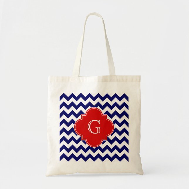 Navy White Chevron ZigZag Red Quatrefoil Monogram Tote Bag (Front)
