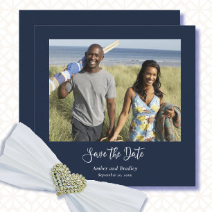 Navy White Classic Photo QR Code Save the Date Invitation