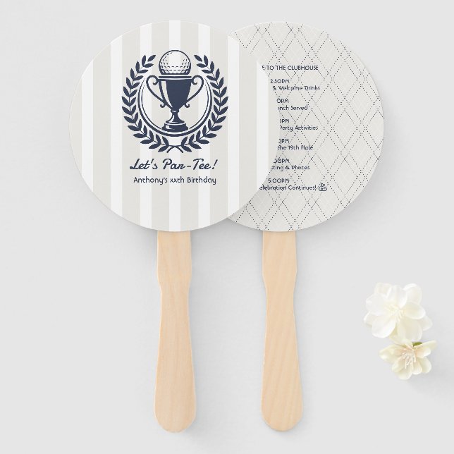 Navy, White & Cloud Dancer Preppy Golf Program Hand Fan (Front and Back)