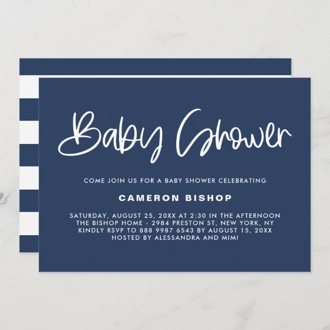 Navy & White Cute Modern Calligraphy Baby Shower Invitation (Front/Back)