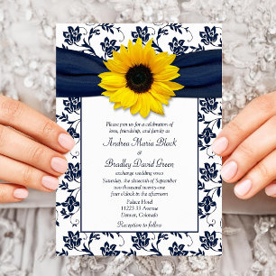 Navy White Damask Sunflower Wedding Invitation