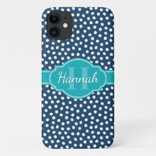 Navy White Dotted Pattern Teal Monogram iPhone 11 Case