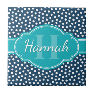 Navy White Dotted Pattern Teal Monogram Ceramic Tile