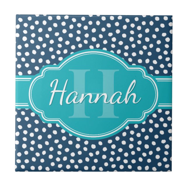 Navy White Dotted Pattern Teal Monogram Ceramic Tile (Front)