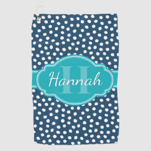 Navy White Dotted Pattern Teal Monogram Golf Towel