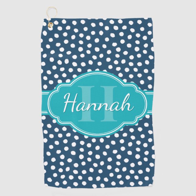 Navy White Dotted Pattern Teal Monogram Golf Towel (Front)