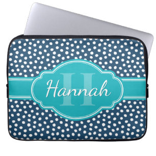 Navy White Dotted Pattern Teal Monogram Laptop Sleeve