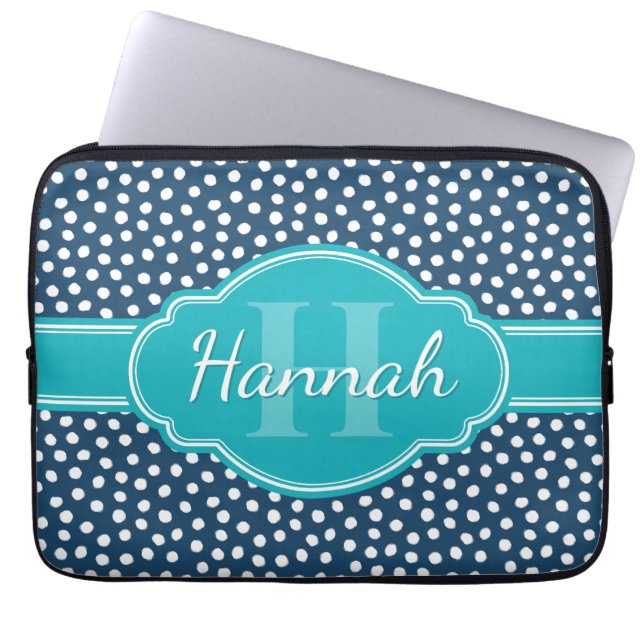 Navy White Dotted Pattern Teal Monogram Laptop Sleeve (Front)