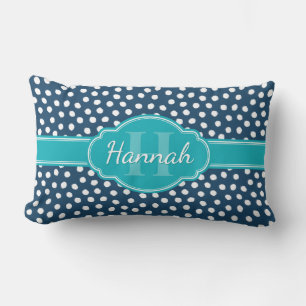 Navy White Dotted Pattern Teal Monogram Lumbar Cushion