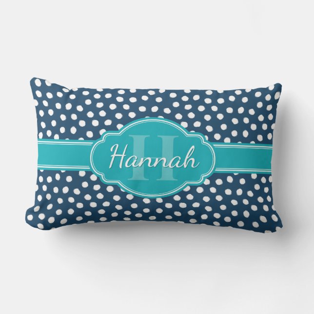 Navy White Dotted Pattern Teal Monogram Lumbar Cushion (Front)