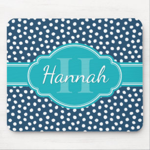 Navy White Dotted Pattern Teal Monogram Mouse Pad