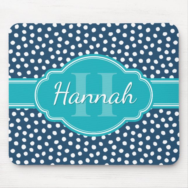 Navy White Dotted Pattern Teal Monogram Mouse Pad (Front)
