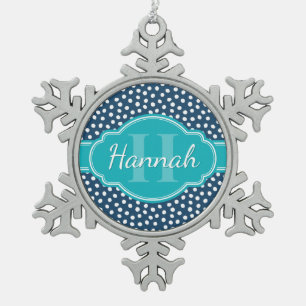 Navy White Dotted Pattern Teal Monogram Snowflake Pewter Christmas Ornament