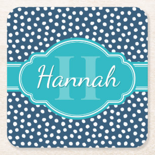 Navy White Dotted Pattern Teal Monogram Square Paper Coaster