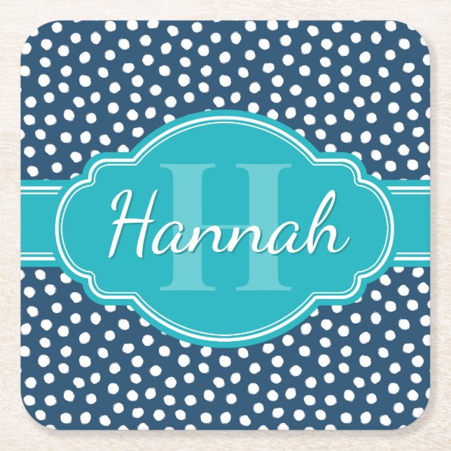 Navy White Dotted Pattern Teal Monogram Square Paper Coaster (Front)