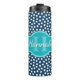 Navy White Dotted Pattern Teal Monogram Thermal Tumbler