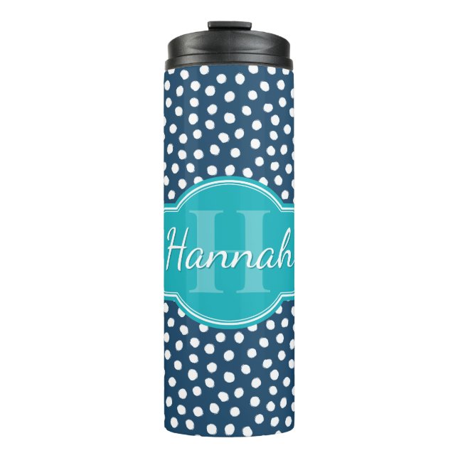 Navy White Dotted Pattern Teal Monogram Thermal Tumbler (Front)