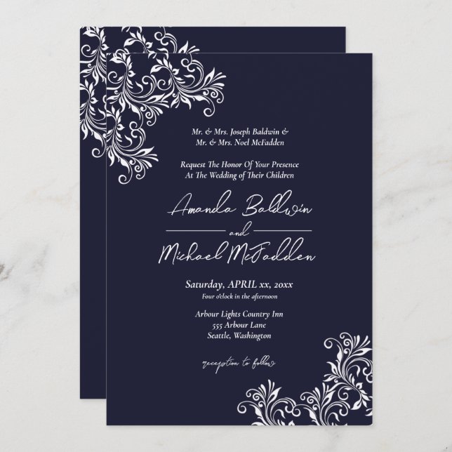 Navy & White Elegant Style Wedding Invitation (Front/Back)