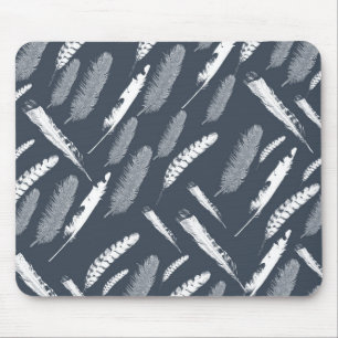 Navy White Feathers Mouse Pad