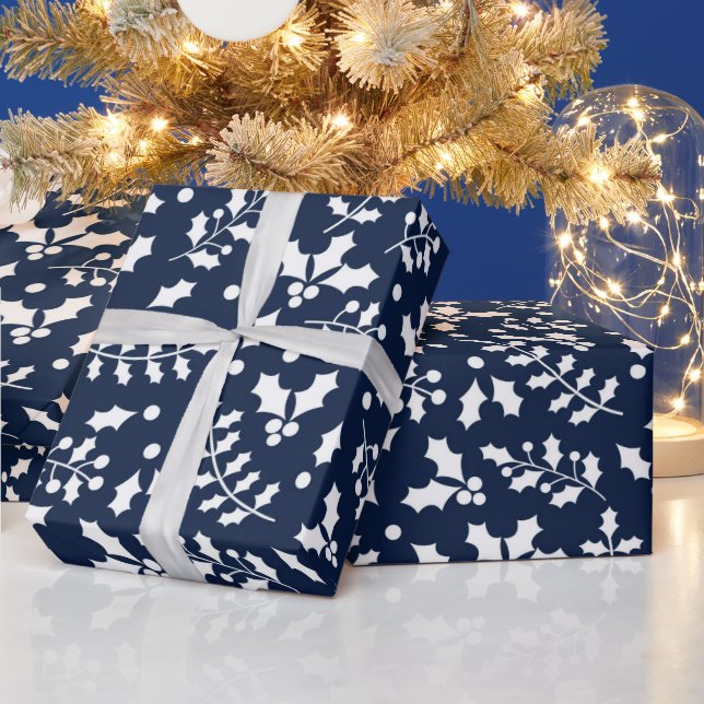Navy & White Festive Christmas Holly Pattern Wrapping Paper (Holidays)