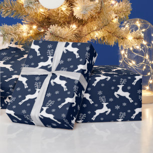 Navy & White Festive Christmas Reindeer Pattern Wrapping Paper