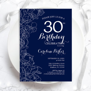 Navy White Floral 30th Birthday Party Invitation