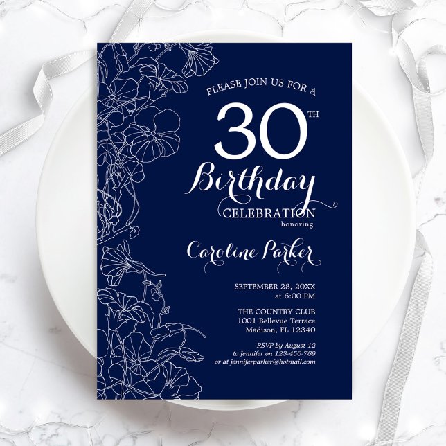 Navy White Floral 30th Birthday Party Invitation (Creator Uploaded)