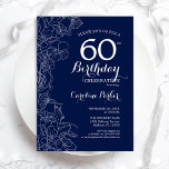 Navy White Floral 60th Birthday Party Invitation<br><div class="desc">Navy White Floral 60th Birthday Party Invitation. Minimalist modern design featuring botanical outline drawings accents and typography script font. Simple trendy invite card perfect for a stylish female bday celebration. Can be customised to any age. Printed Zazzle invitations or instant download digital printable template.</div>