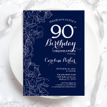 Navy White Floral 90th Birthday Party Invitation<br><div class="desc">Navy White Floral 90th Birthday Party Invitation. Minimalist modern design featuring botanical outline drawings accents and typography script font. Simple trendy invite card perfect for a stylish female bday celebration. Can be customised to any age. Printed Zazzle invitations or instant download digital printable template.</div>