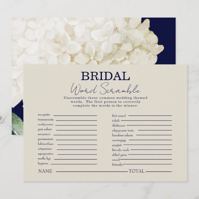 Navy White Floral Bridal Shower Word Scramble Game Invitation (Front/Back)