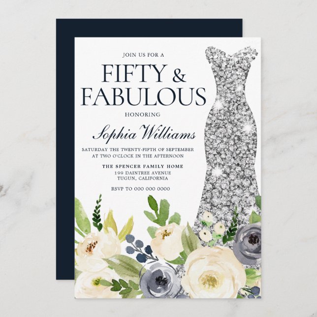 Navy & White Floral Diamond Dress 50th Birthday Invitation (Front/Back)