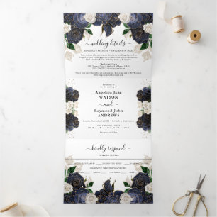 Navy & White Floral Elegant Wedding Tri-Fold Invitation