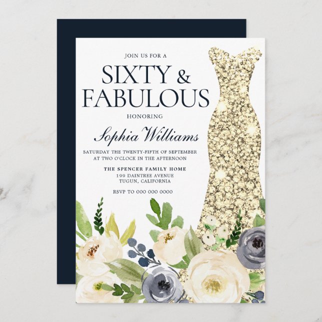 Navy & White Floral Gold Dress 60th Birthday Party Invitation (Front/Back)