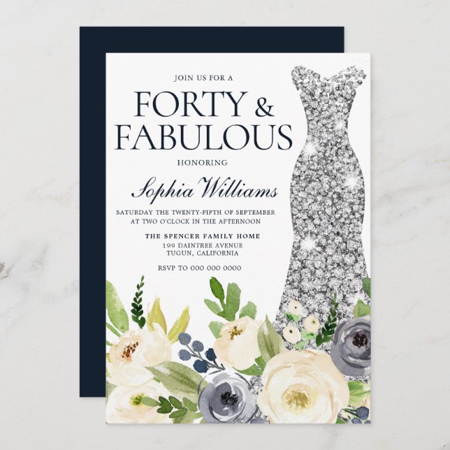 Navy & White Floral Silver Dress 40th Birthday Invitation (Front/Back)