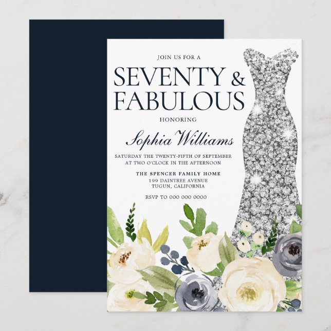Navy White Floral Silver Dress 70th Birthday Invitation (Front/Back)