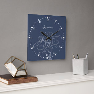 Navy White Floral Sketch Custom Name Square Wall Clock