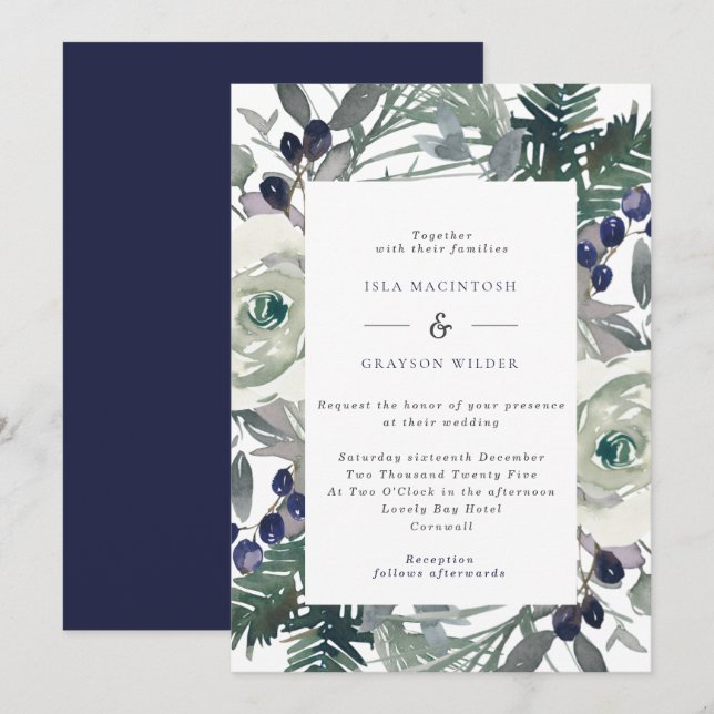 Navy & White Flowers & Berries Winter Wedding Invitation (Front/Back)