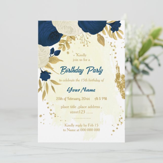 navy & white flowers gold birthday party invitatio invitation (Standing Front)