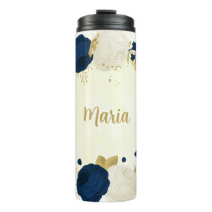 navy & white flowers gold botanical thermal tumbler