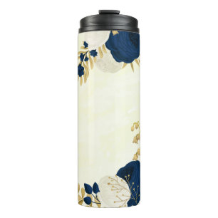 navy & white flowers gold botanical thermal tumbler