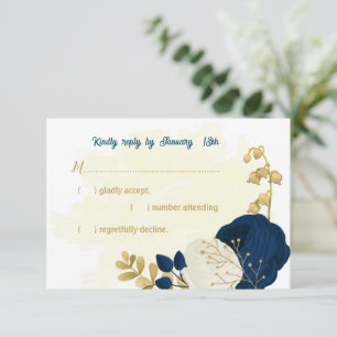 navy & white flowers gold botanical wedding RSVP card